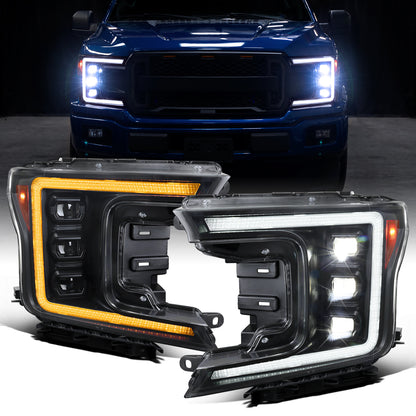 Ronnin - Fits 2018-2020 Ford F150 Full LED Beam Triple Projector Headlights Animated Startup Remote Control Amber/White DRL Switchback Seq. Turn Signals With 2 Lighting Patterns Assembly Pair | Black