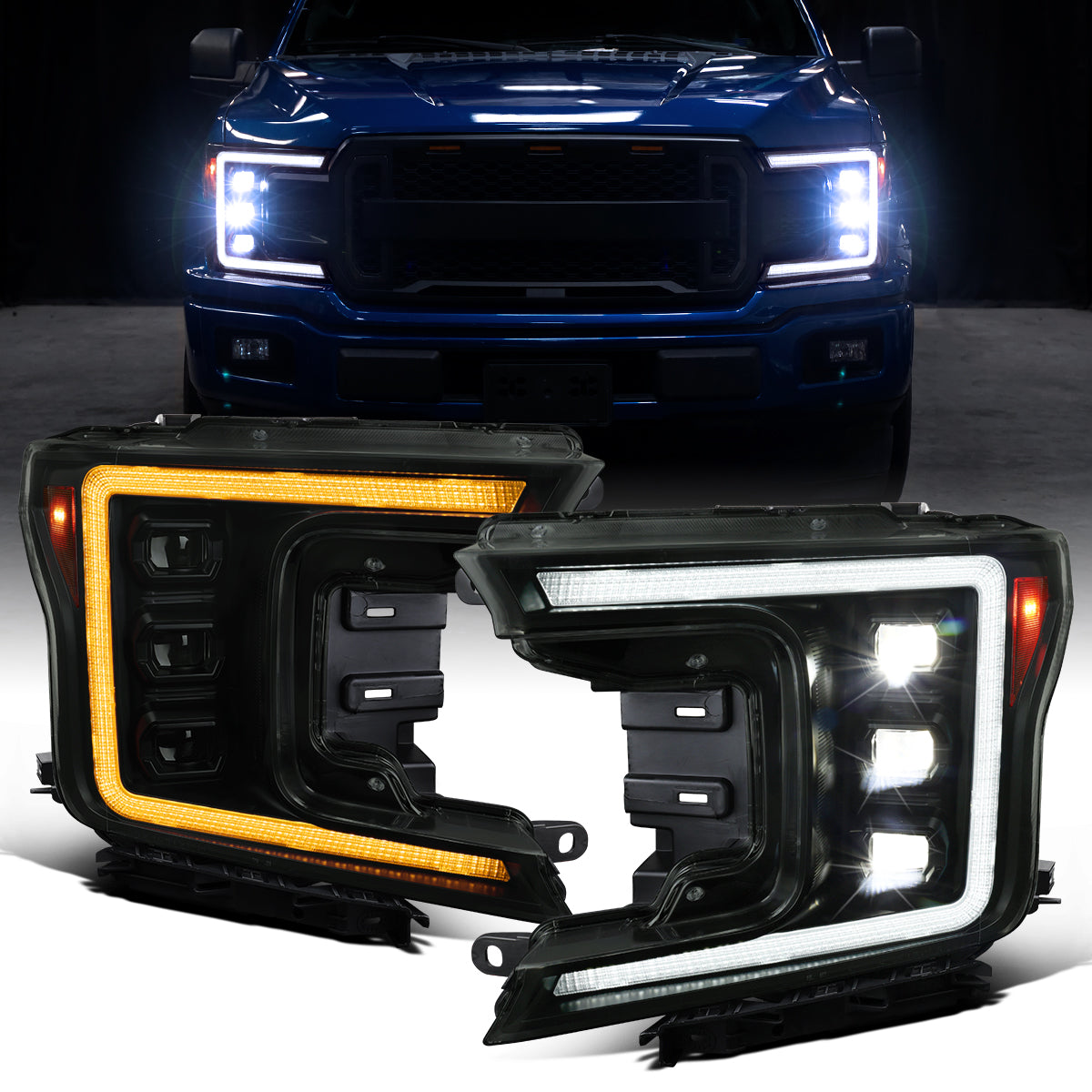 Ronnin - Fits 2018-2020 Ford F150 Full LED Beam Triple Projector Headlights Animated Startup Remote Control Amber/White DRL Switchback Seq. Turn Signals With 2 Lighting Patterns Assembly Pair | Black Smoke