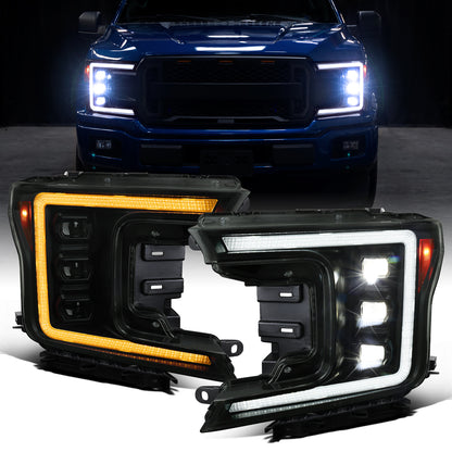 Ronnin - Fits 2018-2020 Ford F150 Full LED Beam Triple Projector Headlights Animated Startup Remote Control Amber/White DRL Switchback Seq. Turn Signals With 2 Lighting Patterns Assembly Pair | Black Smoke
