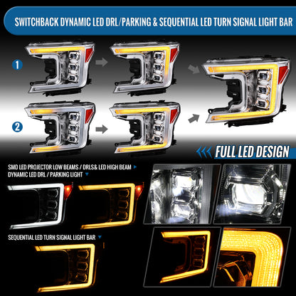Ronnin - Fits 2018-2020 Ford F150 Full LED Beam Triple Projector Headlights Animated Startup Remote Control Amber/White DRL Switchback Seq. Turn Signals With 2 Lighting Patterns Assembly Pair | Chrome