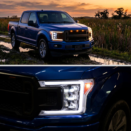 Ronnin - Fits 2018-2020 Ford F150 Full LED Beam Triple Projector Headlights Animated Startup Remote Control Amber/White DRL Switchback Seq. Turn Signals With 2 Lighting Patterns Assembly Pair | Chrome