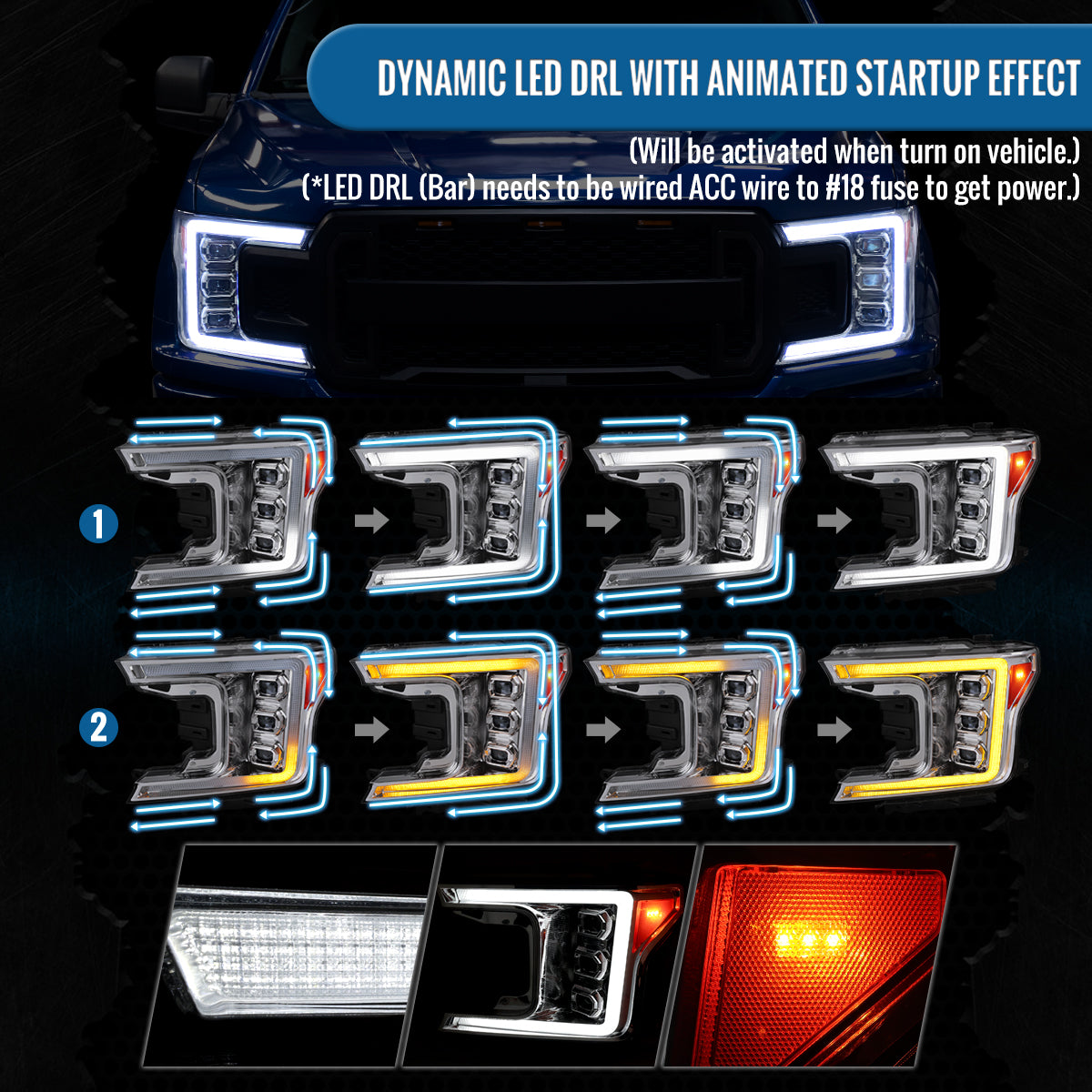 Ronnin - Fits 2018-2020 Ford F150 Full LED Beam Triple Projector Headlights Animated Startup Remote Control Amber/White DRL Switchback Seq. Turn Signals With 2 Lighting Patterns Assembly Pair | Chrome