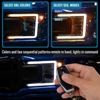 Ronnin - Fits 2018-2020 Ford F150 Full LED Beam Triple Projector Headlights Animated Startup Remote Control Amber/White DRL Switchback Seq. Turn Signals With 2 Lighting Patterns Assembly Pair | Chrome