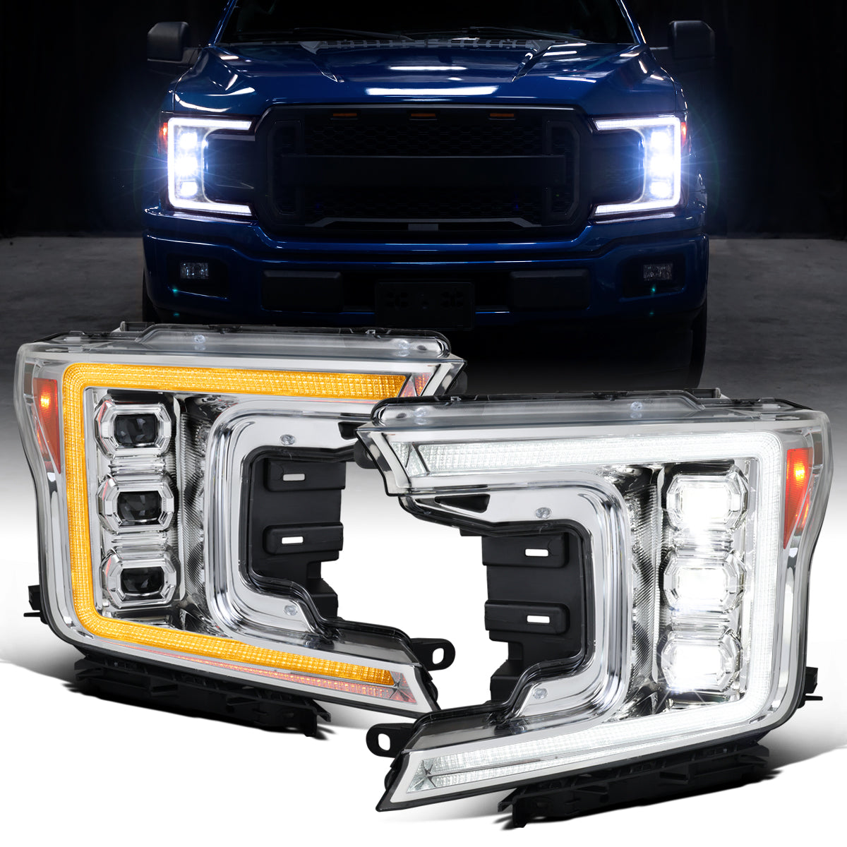 Ronnin - Fits 2018-2020 Ford F150 Full LED Beam Triple Projector Headlights Animated Startup Remote Control Amber/White DRL Switchback Seq. Turn Signals With 2 Lighting Patterns Assembly Pair | Chrome