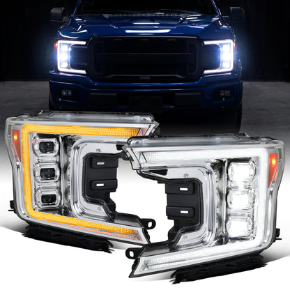 Ronnin - Fits 2018-2020 Ford F150 Full LED Beam Triple Projector Headlights Animated Startup Remote Control Amber/White DRL Switchback Seq. Turn Signals With 2 Lighting Patterns Assembly Pair | Chrome