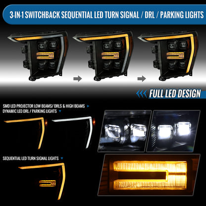2021-2023 Ford F150 Halogen Type Full LED Quad Projector Headlights Remote Control Amber/White Animated Startup Effect DRL Switchback Seq. Turn Signals Pair | Black Smoke