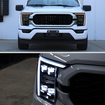 2021-2023 Ford F150 Halogen Type Full LED Quad Projector Headlights Remote Control Amber/White Animated Startup Effect DRL Switchback Seq. Turn Signals Pair | Black Smoke