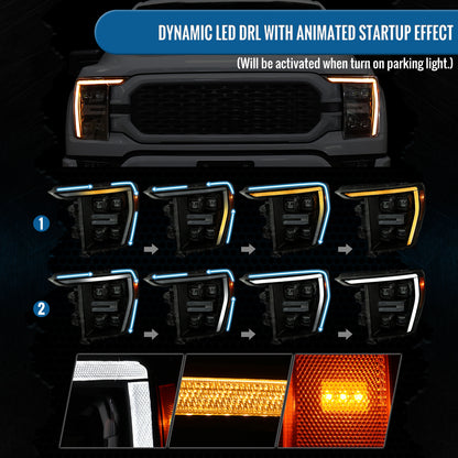 2021-2023 Ford F150 Halogen Type Full LED Quad Projector Headlights Remote Control Amber/White Animated Startup Effect DRL Switchback Seq. Turn Signals Pair | Black Smoke