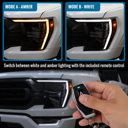 2021-2023 Ford F150 Halogen Type Full LED Quad Projector Headlights Remote Control Amber/White Animated Startup Effect DRL Switchback Seq. Turn Signals Pair | Black Smoke