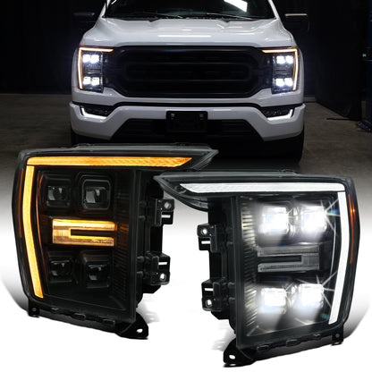 2021-2023 Ford F150 Halogen Type Full LED Quad Projector Headlights Remote Control Amber/White Animated Startup Effect DRL Switchback Seq. Turn Signals Pair | Black Smoke