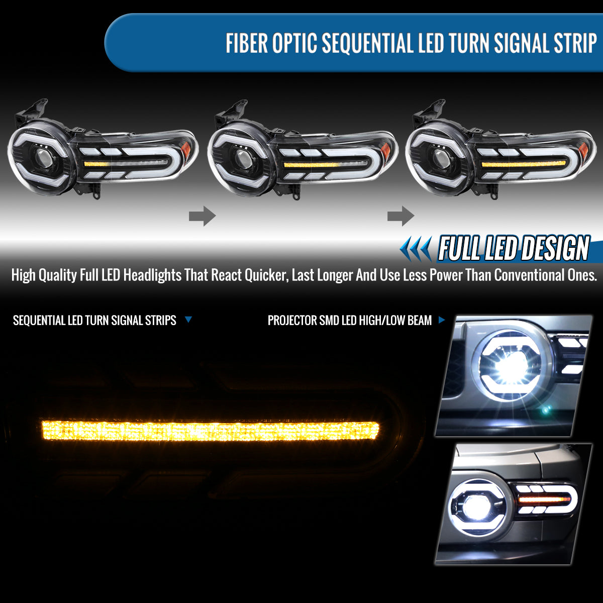 Ronnin - Fits 2007-2014 Toyota FJ Cruiser Full LED Projector Headlights Sequential Turn Signal + Animated Startup Effect Lamps Assembly Pair | Glossy Black