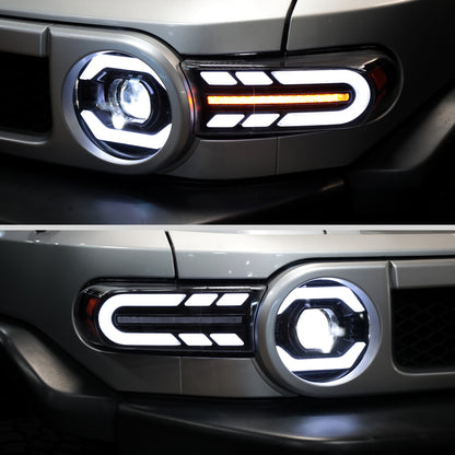 Ronnin - Fits 2007-2014 Toyota FJ Cruiser Full LED Projector Headlights Sequential Turn Signal + Animated Startup Effect Lamps Assembly Pair | Glossy Black