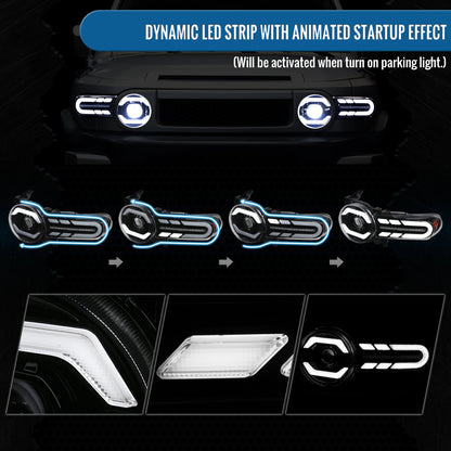 Ronnin - Fits 2007-2014 Toyota FJ Cruiser Full LED Projector Headlights Sequential Turn Signal + Animated Startup Effect Lamps Assembly Pair | Glossy Black