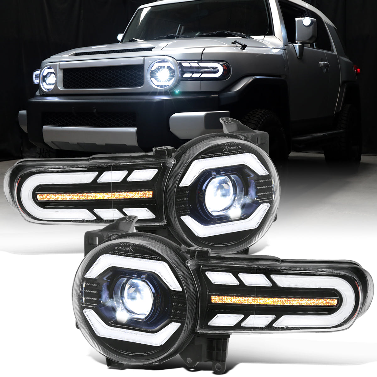 Ronnin - Fits 2007-2014 Toyota FJ Cruiser Full LED Projector Headlights Sequential Turn Signal + Animated Startup Effect Lamps Assembly Pair | Glossy Black