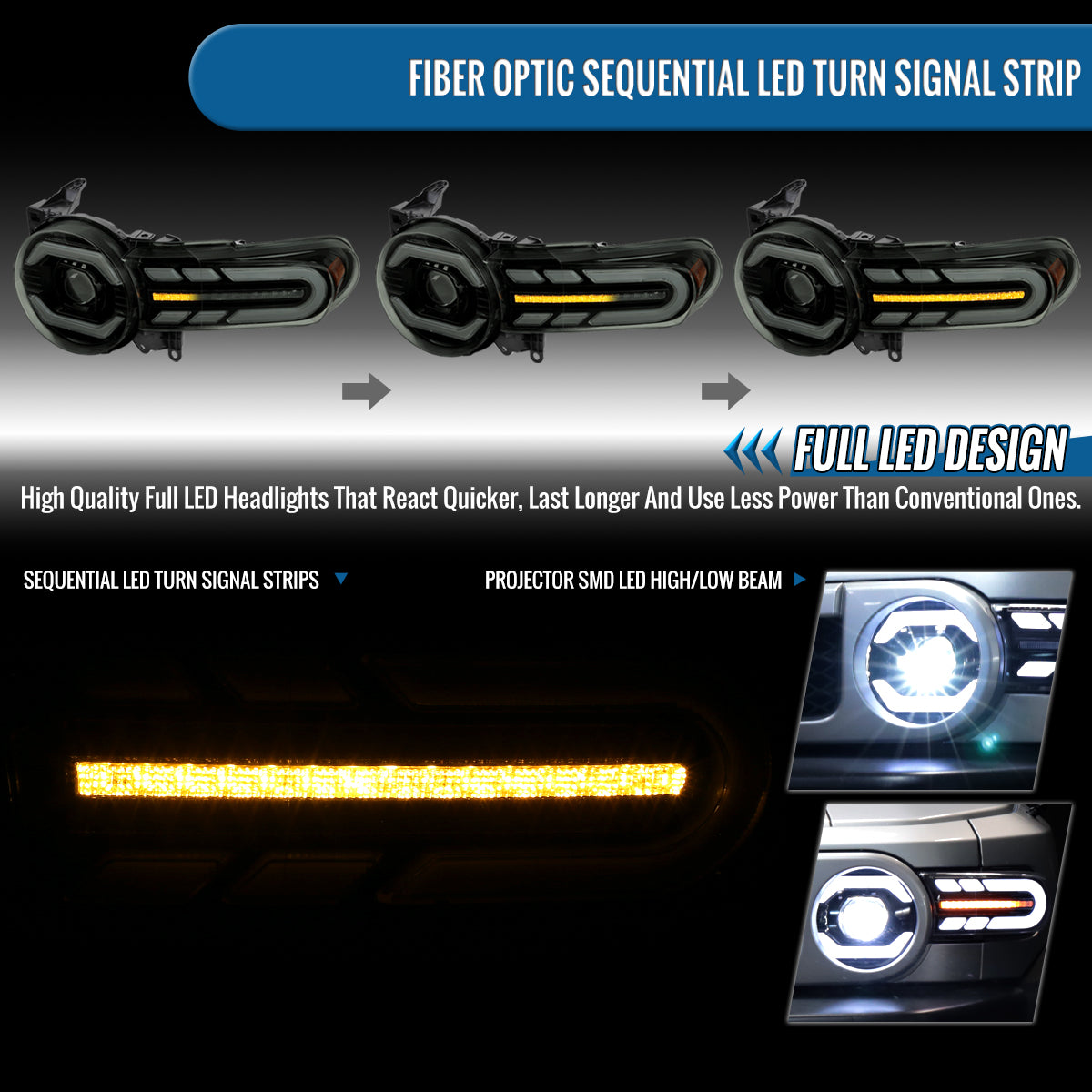 Ronnin - Fits 2007-2014 Toyota FJ Cruiser Full LED Projector Headlights Sequential Turn Signal + Animated Startup Effect Lamps Assembly Pair | Black Smoke