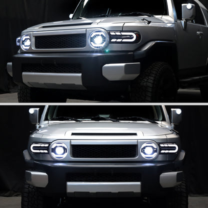 Ronnin - Fits 2007-2014 Toyota FJ Cruiser Full LED Projector Headlights Sequential Turn Signal + Animated Startup Effect Lamps Assembly Pair | Black Smoke