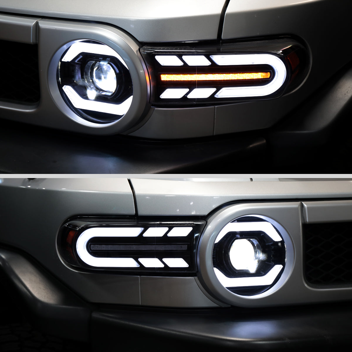 Ronnin - Fits 2007-2014 Toyota FJ Cruiser Full LED Projector Headlights Sequential Turn Signal + Animated Startup Effect Lamps Assembly Pair | Black Smoke