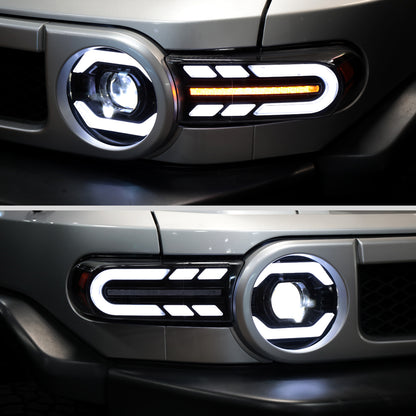 Ronnin - Fits 2007-2014 Toyota FJ Cruiser Full LED Projector Headlights Sequential Turn Signal + Animated Startup Effect Lamps Assembly Pair | Black Smoke