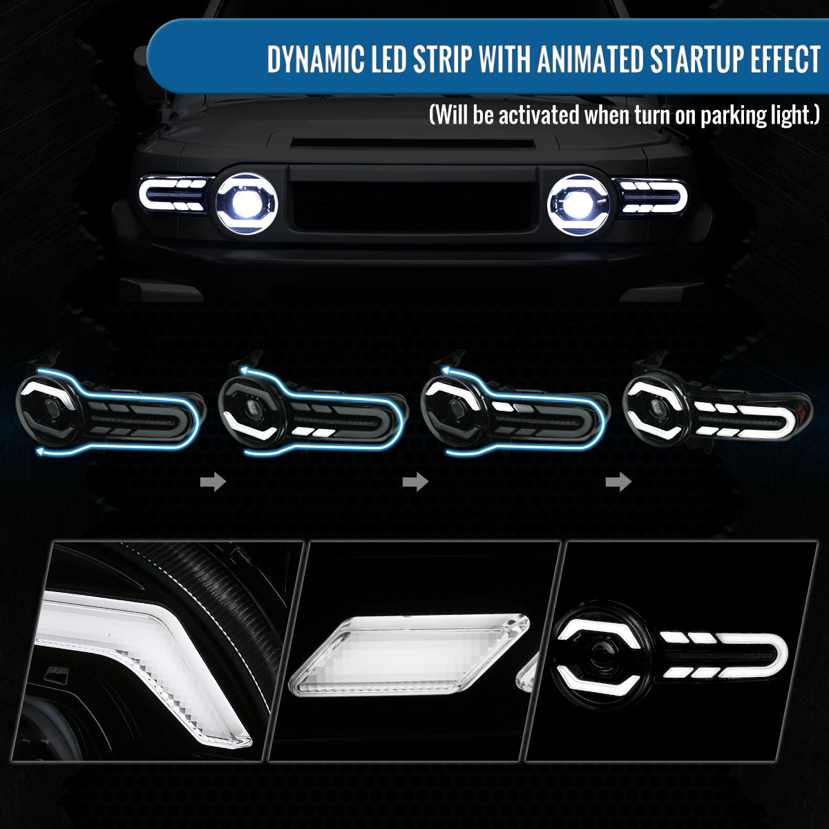 Ronnin - Fits 2007-2014 Toyota FJ Cruiser Full LED Projector Headlights Sequential Turn Signal + Animated Startup Effect Lamps Assembly Pair | Black Smoke