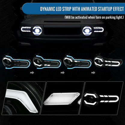 Ronnin - Fits 2007-2014 Toyota FJ Cruiser Full LED Projector Headlights Sequential Turn Signal + Animated Startup Effect Lamps Assembly Pair | Black Smoke