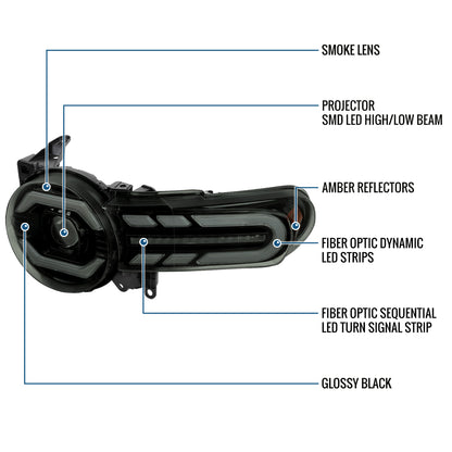 Ronnin - Fits 2007-2014 Toyota FJ Cruiser Full LED Projector Headlights Sequential Turn Signal + Animated Startup Effect Lamps Assembly Pair | Black Smoke