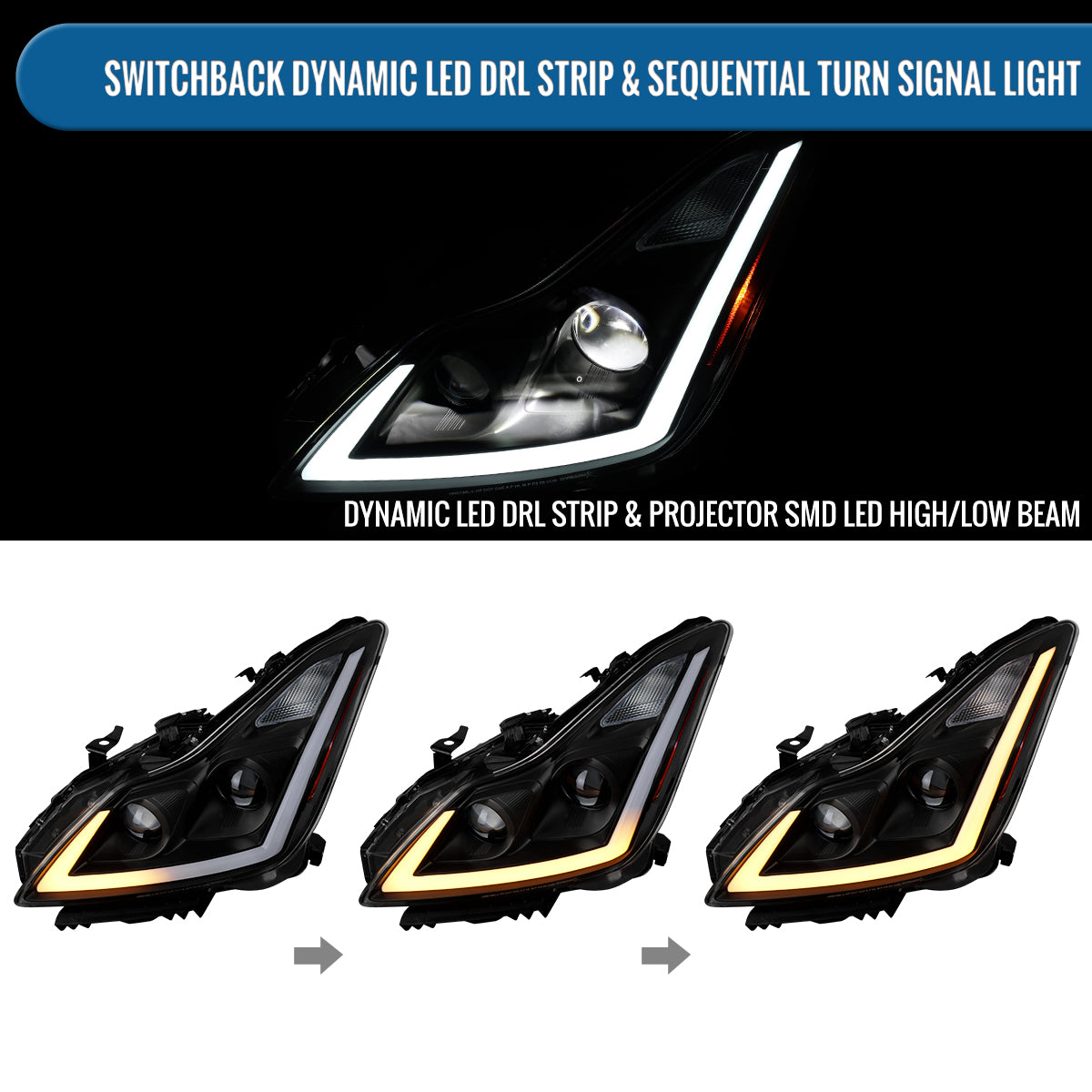 Ronnin - Fits 2008-2013 Infiniti G37 2014-2015 Q60 Coupe LED Dual Beam Projector Headlights + Halogen Projector Fog Switchback Sequential Signals + Animated Startup Effect Pair | Black