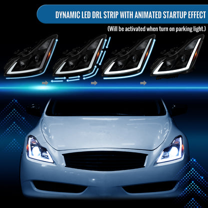 Ronnin - Fits 2008-2013 Infiniti G37 2014-2015 Q60 Coupe LED Dual Beam Projector Headlights + Halogen Projector Fog Switchback Sequential Signals + Animated Startup Effect Pair | Black