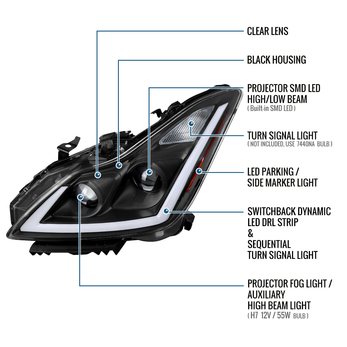 Ronnin - Fits 2008-2013 Infiniti G37 2014-2015 Q60 Coupe LED Dual Beam Projector Headlights + Halogen Projector Fog Switchback Sequential Signals + Animated Startup Effect Pair | Black