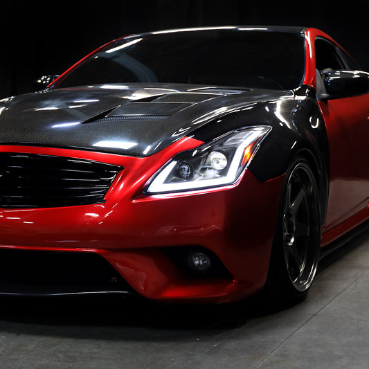 Ronnin - Se adapta a Infiniti G37 2008-2013 Q60 Coupé 2014-2015 Faros delanteros con proyector de doble haz LED + Niebla con proyector halógeno Señales secuenciales de giro + Efecto de inicio animado Par | Negro