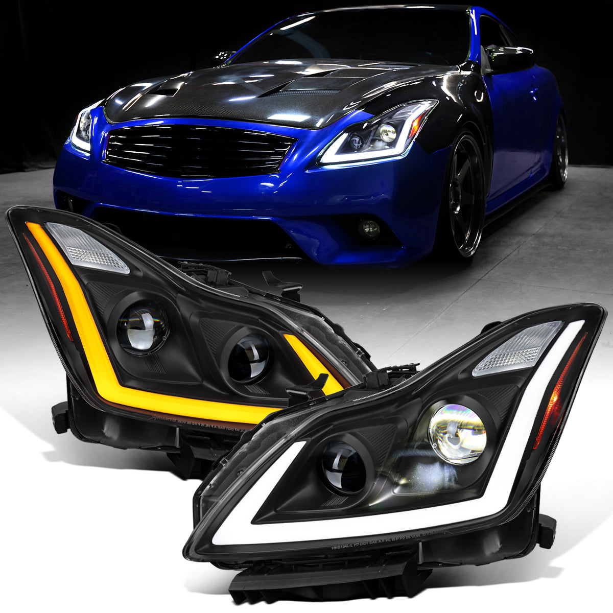 Ronnin - Fits 2008-2013 Infiniti G37 2014-2015 Q60 Coupe LED Dual Beam Projector Headlights + Halogen Projector Fog Switchback Sequential Signals + Animated Startup Effect Pair | Black