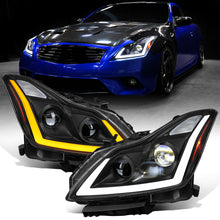 Ronnin - Fits 2008-2013 Infiniti G37 2014-2015 Q60 Coupe LED Dual Beam Projector Headlights + Halogen Projector Fog Switchback Sequential Signals + Animated Startup Effect Pair | Black