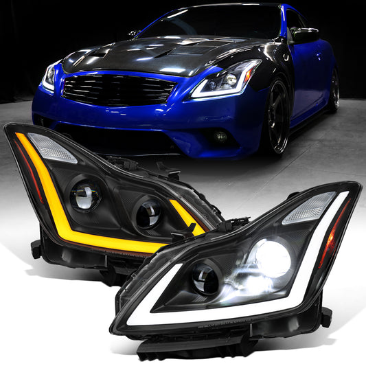 Ronnin - Se adapta a Infiniti G37 2008-2013 Q60 Coupé 2014-2015 Faros delanteros con proyector de doble haz LED + Niebla con proyector halógeno Señales secuenciales de giro + Efecto de inicio animado Par | Negro