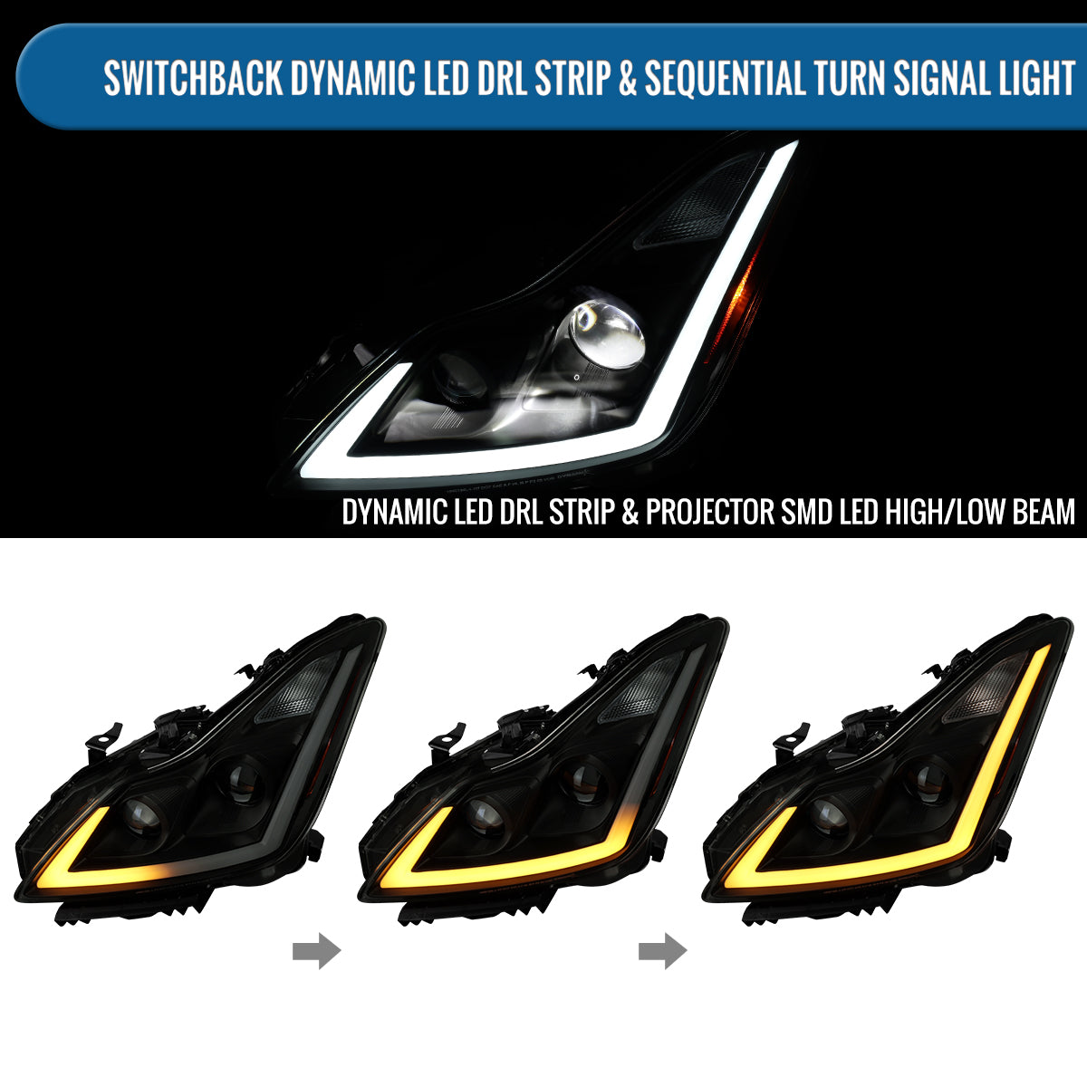Ronnin - Fits 2008-2013 Infiniti G37 2014-2015 Q60 Coupe LED Dual Beam Projector Headlights + Halogen Projector Fog Switchback Sequential Signals + Animated Startup Effect Pair | Black Smoke