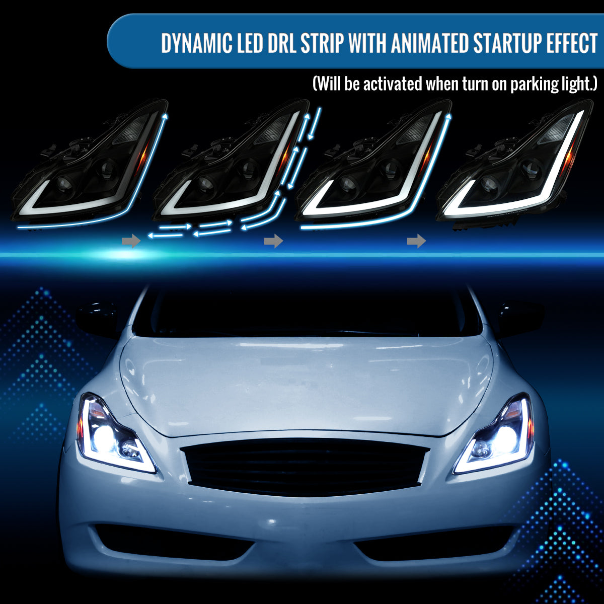 Ronnin - Fits 2008-2013 Infiniti G37 2014-2015 Q60 Coupe LED Dual Beam Projector Headlights + Halogen Projector Fog Switchback Sequential Signals + Animated Startup Effect Pair | Black Smoke