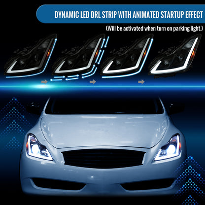 Ronnin - Fits 2008-2013 Infiniti G37 2014-2015 Q60 Coupe LED Dual Beam Projector Headlights + Halogen Projector Fog Switchback Sequential Signals + Animated Startup Effect Pair | Black Smoke