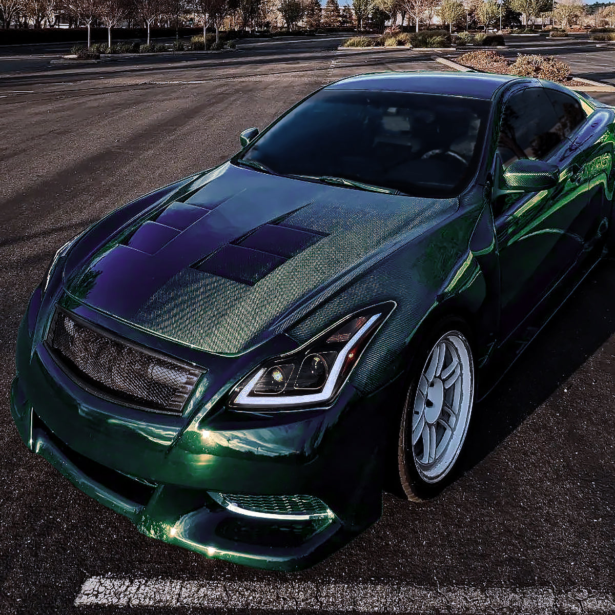 Ronnin - Fits 2008-2013 Infiniti G37 2014-2015 Q60 Coupe LED Dual Beam Projector Headlights + Halogen Projector Fog Switchback Sequential Signals + Animated Startup Effect Pair | Black Smoke