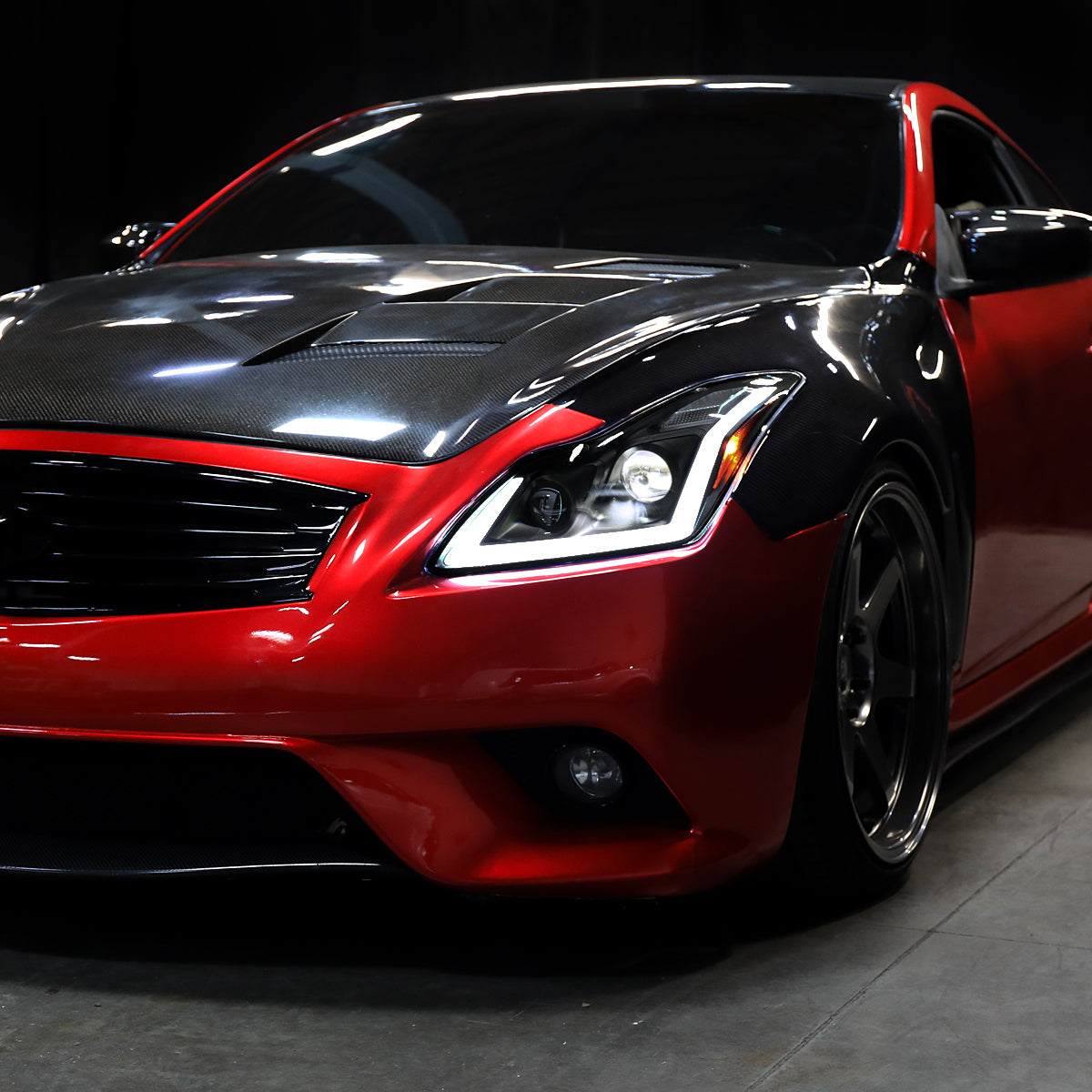 Ronnin - Fits 2008-2013 Infiniti G37 2014-2015 Q60 Coupe LED Dual Beam Projector Headlights + Halogen Projector Fog Switchback Sequential Signals + Animated Startup Effect Pair | Black Smoke