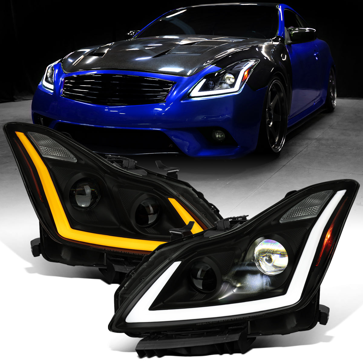 Ronnin - Fits 2008-2013 Infiniti G37 2014-2015 Q60 Coupe LED Dual Beam Projector Headlights + Halogen Projector Fog Switchback Sequential Signals + Animated Startup Effect Pair | Black Smoke