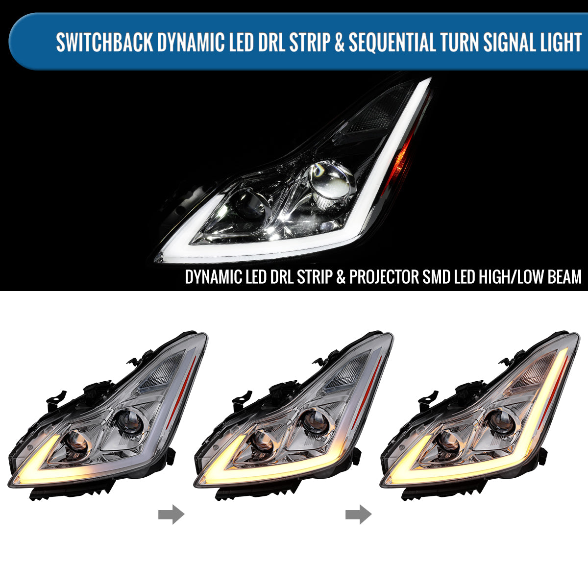 Ronnin - Fits 2008-2013 Infiniti G37 2014-2015 Q60 Coupe LED Dual Beam Projector Headlights + Halogen Projector Fog Switchback Sequential Signals + Animated Startup Effect Pair | Chrome