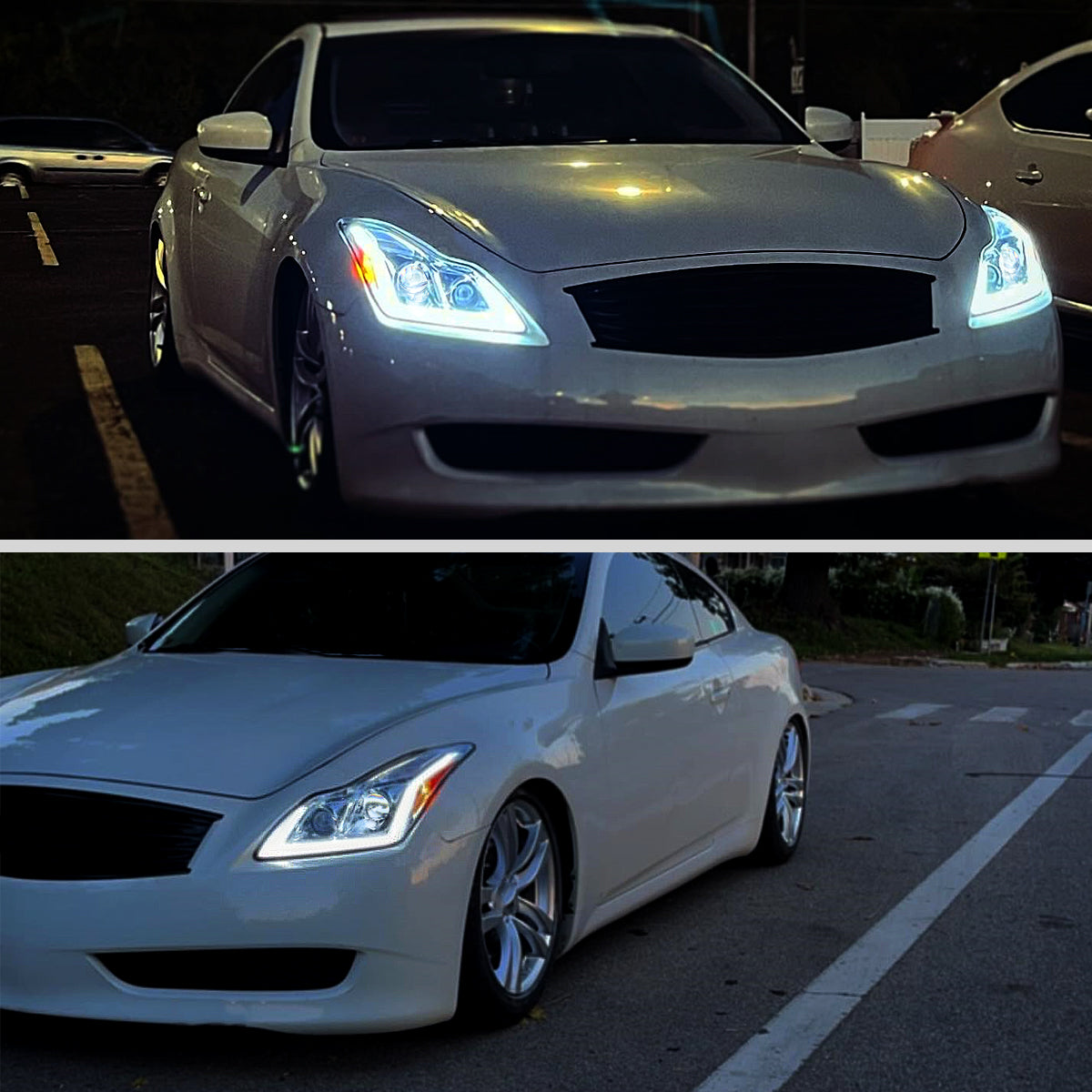 Ronnin - Fits 2008-2013 Infiniti G37 2014-2015 Q60 Coupe LED Dual Beam Projector Headlights + Halogen Projector Fog Switchback Sequential Signals + Animated Startup Effect Pair | Chrome