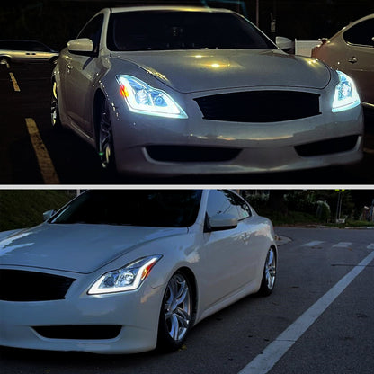 Ronnin - Fits 2008-2013 Infiniti G37 2014-2015 Q60 Coupe LED Dual Beam Projector Headlights + Halogen Projector Fog Switchback Sequential Signals + Animated Startup Effect Pair | Chrome