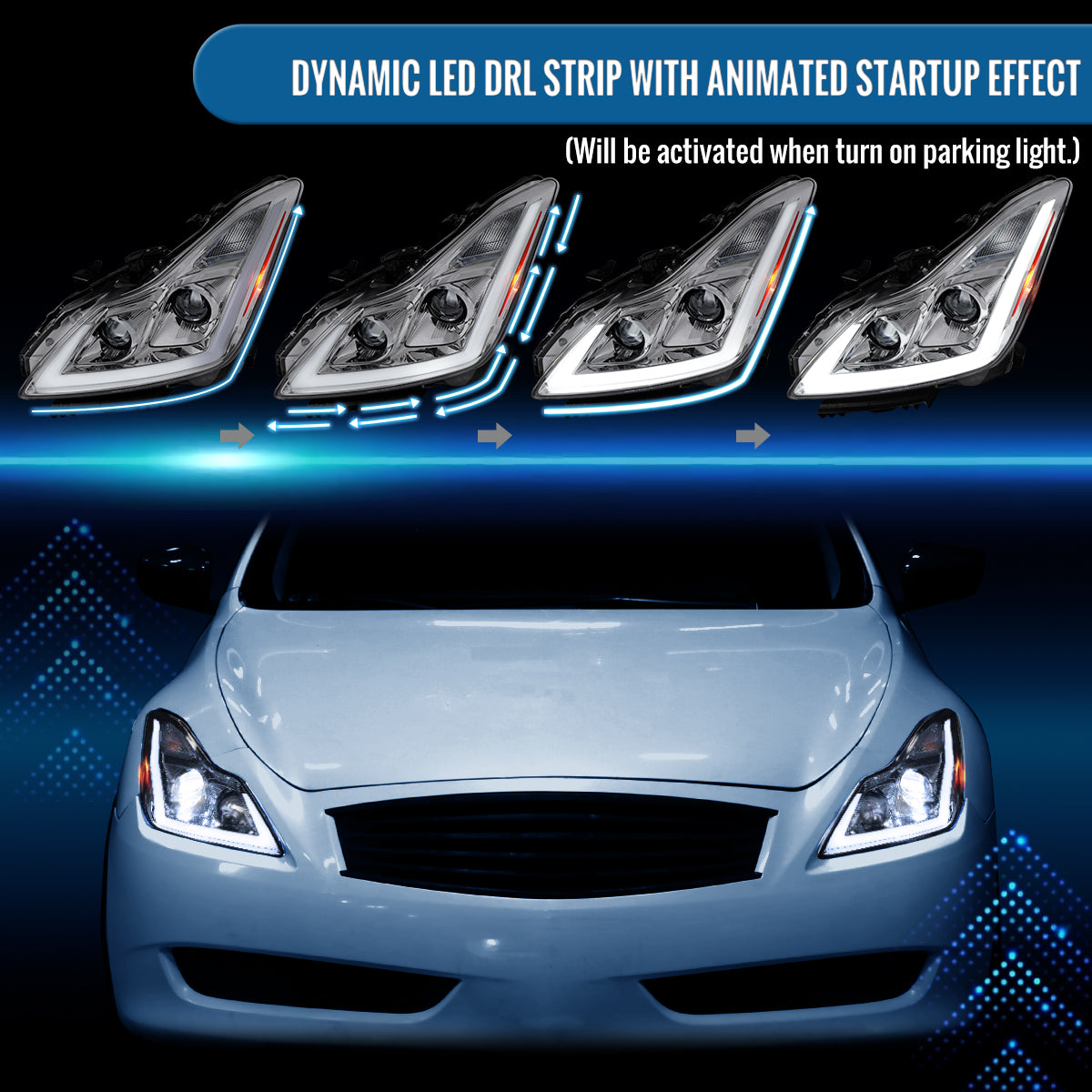 Ronnin - Fits 2008-2013 Infiniti G37 2014-2015 Q60 Coupe LED Dual Beam Projector Headlights + Halogen Projector Fog Switchback Sequential Signals + Animated Startup Effect Pair | Chrome