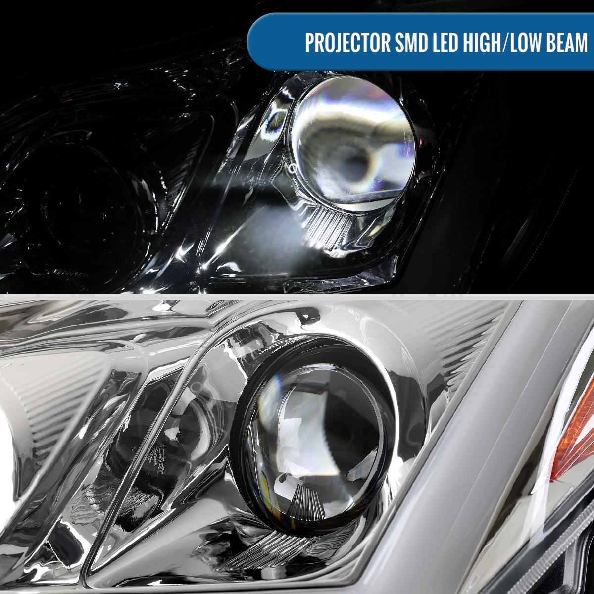 Ronnin - Fits 2008-2013 Infiniti G37 2014-2015 Q60 Coupe LED Dual Beam Projector Headlights + Halogen Projector Fog Switchback Sequential Signals + Animated Startup Effect Pair | Chrome