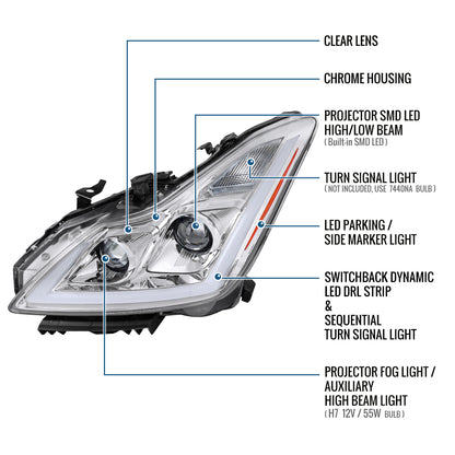 Ronnin - Fits 2008-2013 Infiniti G37 2014-2015 Q60 Coupe LED Dual Beam Projector Headlights + Halogen Projector Fog Switchback Sequential Signals + Animated Startup Effect Pair | Chrome