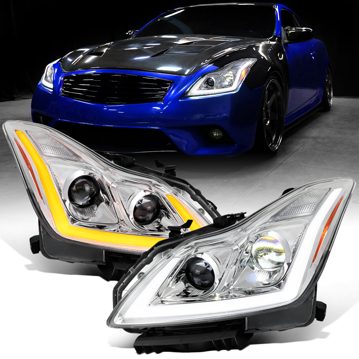 Ronnin - Fits 2008-2013 Infiniti G37 2014-2015 Q60 Coupe LED Dual Beam Projector Headlights + Halogen Projector Fog Switchback Sequential Signals + Animated Startup Effect Pair | Chrome