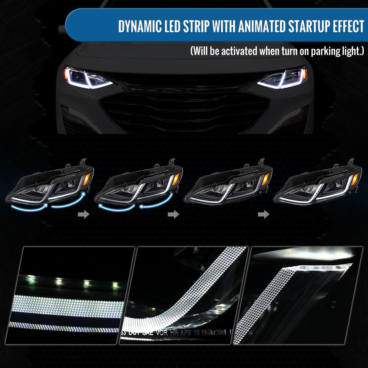 Ronnin - Fits 2019-2024 Chevy Malibu Full LED Projector Headlights Switchback Sequential Turn Signal + Animated Startup Effect Lamps Assembly Pair | Black