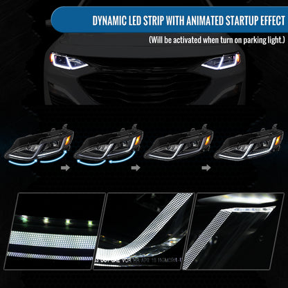 Ronnin - Fits 2019-2024 Chevy Malibu Full LED Projector Headlights Switchback Sequential Turn Signal + Animated Startup Effect Lamps Assembly Pair | Black
