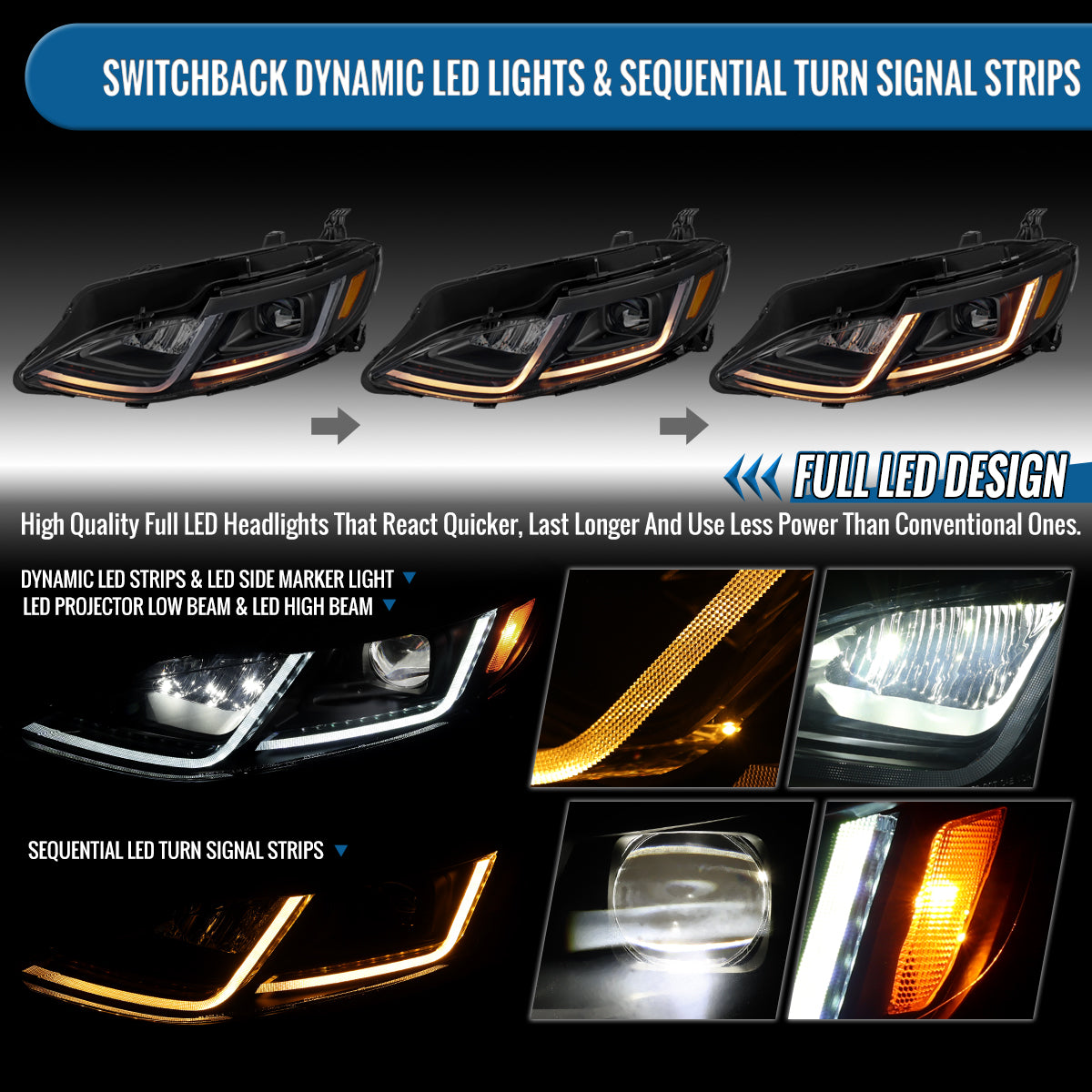 Ronnin - Fits 2019-2024 Chevy Malibu Full LED Projector Headlights Switchback Sequential Turn Signal + Animated Startup Effect Lamps Assembly Pair | Black