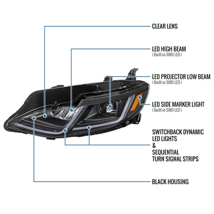 Ronnin - Fits 2019-2024 Chevy Malibu Full LED Projector Headlights Switchback Sequential Turn Signal + Animated Startup Effect Lamps Assembly Pair | Black