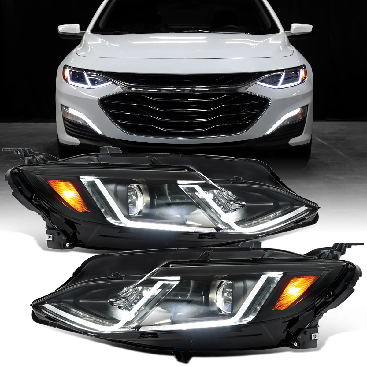 Ronnin - Fits 2019-2024 Chevy Malibu Full LED Projector Headlights Switchback Sequential Turn Signal + Animated Startup Effect Lamps Assembly Pair | Black